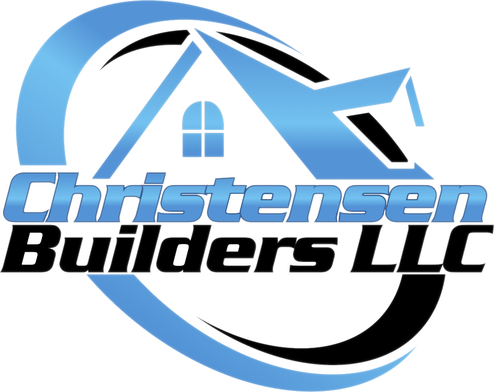 Logo for Christensen Builders LLC featuring blue and black text below a stylized house roof with a window. The design conveys professionalism and construction.